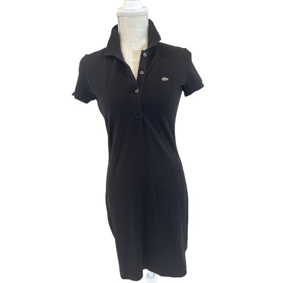 Lacoste Black Polo Dress Womens Size 36 Short Sleeve Button-Up Collar Cotton/Ela - Picture 1 of 9